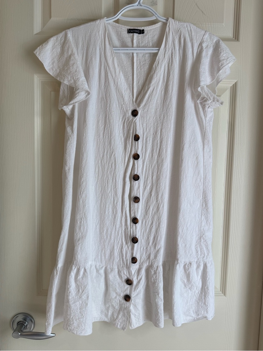 Caiying White Button Front Mini Dress Flutter Sleeve Size Small